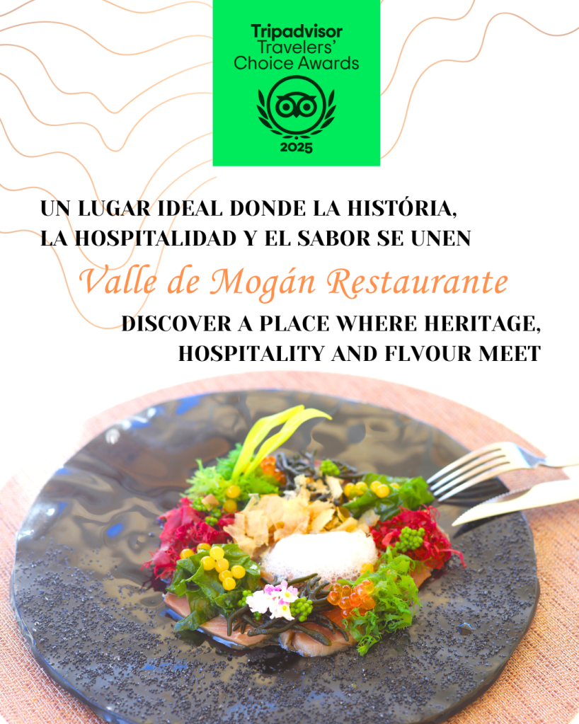 Imagen con un plato gourmet del restaurante Valle de Mogán, decorado con ingredientes frescos y colores vibrantes, presentando una experiencia culinaria de fusión.